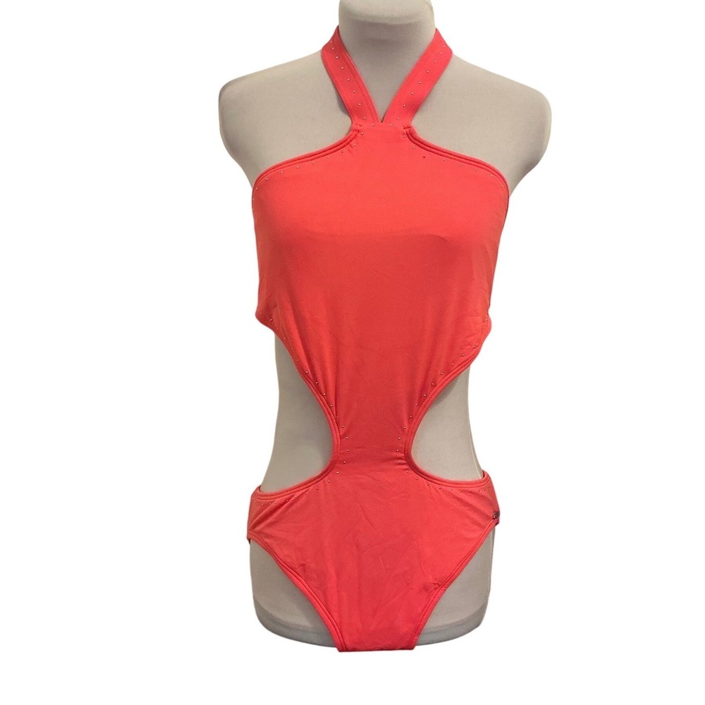 Vince Camuto Coral Pink Rhinestone Cutout Monokini Halter Swimsuit Womens 12